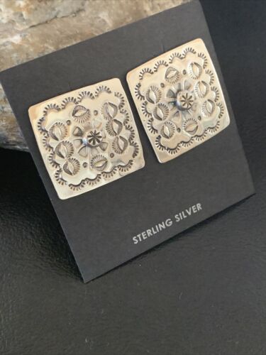 Navajo Stamped Square Earrings | Sterling Silver | Authentic Native American Handmade | 1199