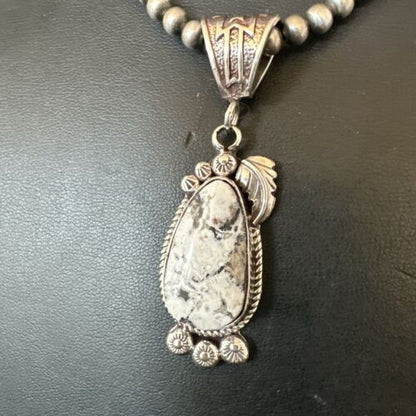 Navajo White Buffalo Turquoise Pendant Necklace | Sterling Silver | Authentic Native American Handmade | 17514
