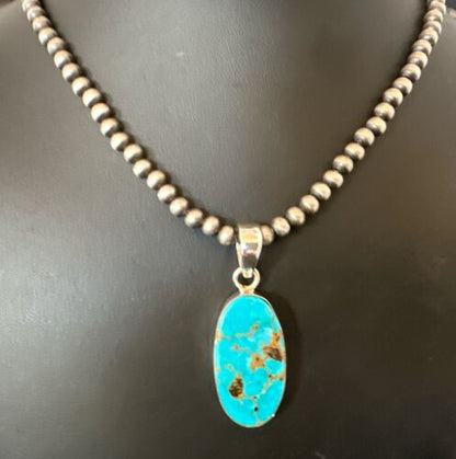 Navajo Blue Kingman Turquoise Pendant with Pearls | Sterling Silver Necklace | 20" | 16994