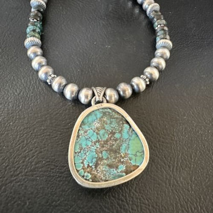 Men's Navajo Blue Spiderweb Turquoise Pendant Necklace | Sterling Silver | Authentic Native American Handmade | 16241
