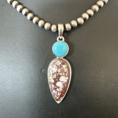 Navajo Wild Horse Blue Kingman Turquoise Necklace | Sterling Silver | SW Pendant | 17319