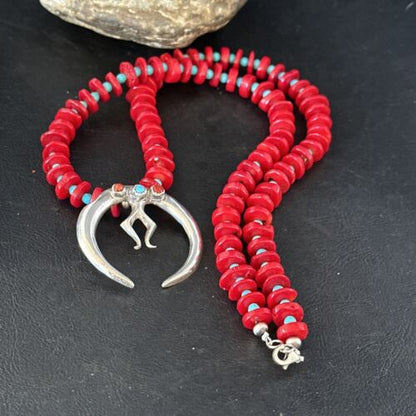 Navajo Blue Turquoise Naja Red Coral Sterling Silver Pendant Necklace 24" | Native American | 14434 - Masha USA
