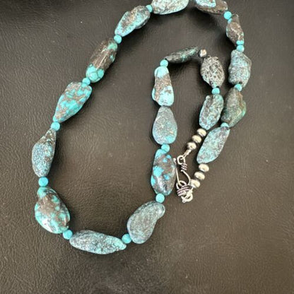 Navajo Blue Nugget Turquoise Bead Necklace | Sterling Silver Pearls | 20" | Authentic Native American Handmade | 16001