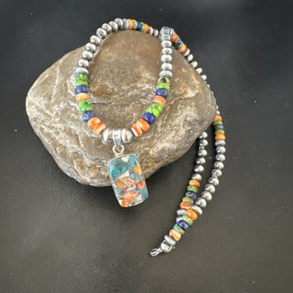 Navajo Spiny Oyster Turquoise Lapis Pendant Necklace | Sterling Silver | 21" | Authentic Native American Handmade | 16630