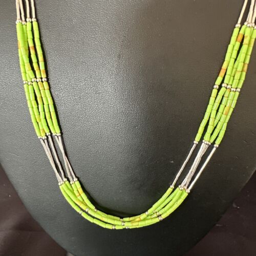 Navajo Green Gaspeite Heishi Bead Necklace | 5-Strand Stabilized Sterling Silver | 20" | 02941
