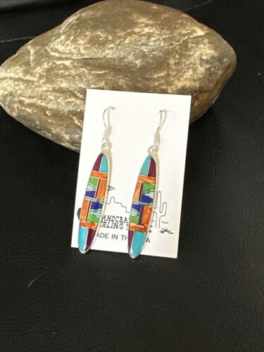 Southwestern Sterling Silver Multi-Color Turquoise Lapis Inlay Earrings | Authentic Native American Handmade | 14937