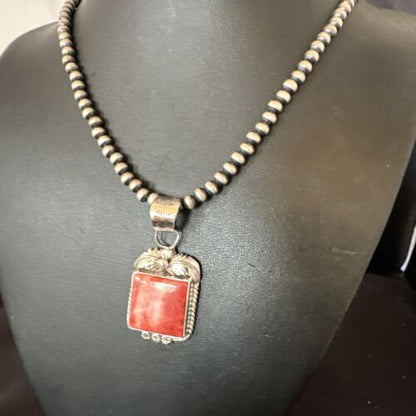 Navajo Red Spiny Oyster Pendant Necklace | Sterling Silver | Authentic Native American Handmade | 16147