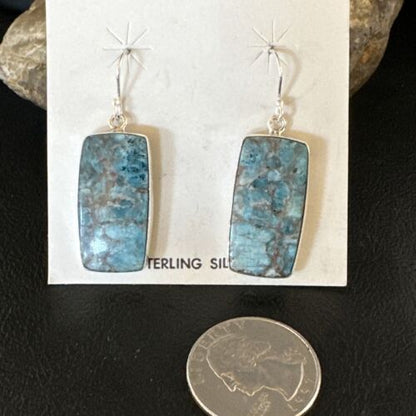 Navajo Blue Turquoise Dangle Earrings | Sterling Silver | Authentic Native American Handmade | 15437