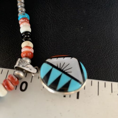 Zuni Multi-Color Turquoise Onyx Necklace with Inlay Pendant | Sterling Silver | 13565