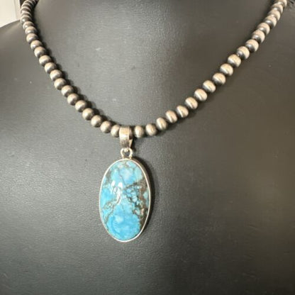 Navajo Blue Spiderweb Turquoise Pendant Necklace | Sterling Silver | Authentic Native American Handmade | 17024