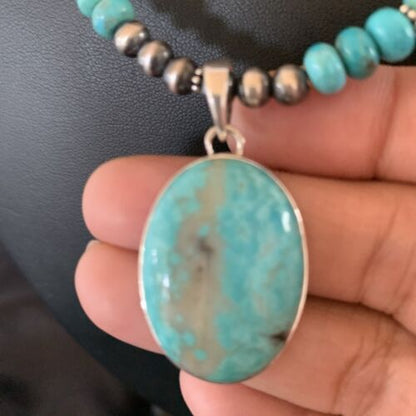 Navajo Pearls Necklace with Blue Kingman Turquoise Pendant | Sterling Silver | 11863