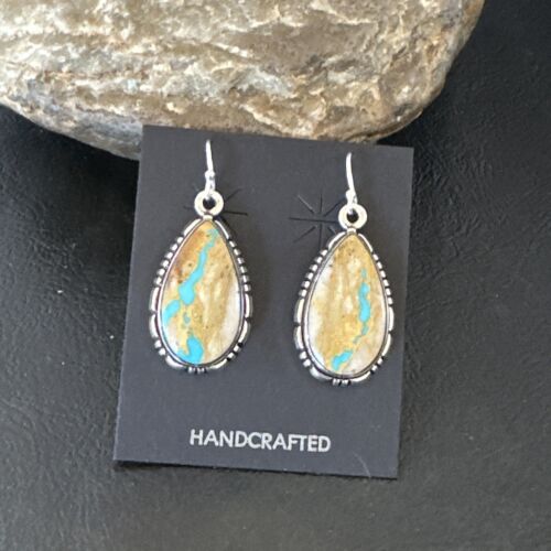 Navajo Blue Boulder Turquoise Dangle Earrings | Sterling Silver | Authentic Native American Handmade | 16497