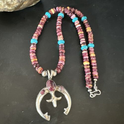 Navajo Purple Spiny Oyster Turquoise Naja Pendant Necklace | Sterling Silver | Native American Handmade | 15263