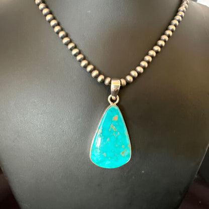 Navajo Blue Kingman Turquoise Pendant Necklace | Sterling Silver | 20" | Authentic Native American Handmade | 16724 - Masha USA