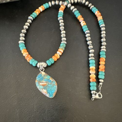 Navajo Spiny Turquoise Pendant Necklace | Sterling Silver | 22" | Authentic Native American Handmade | 17415