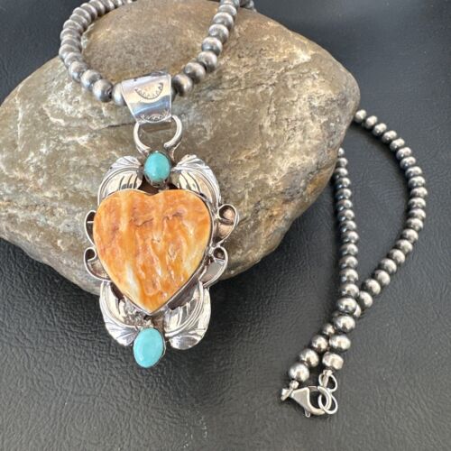 Navajo Spiny Oyster Heart Turquoise Pendant Necklace | Sterling Silver | Authentic Native American Handmade | 16456