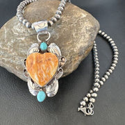 Navajo Spiny Oyster Heart Turquoise Pendant Necklace | Sterling Silver | Authentic Native American Handmade | 16456