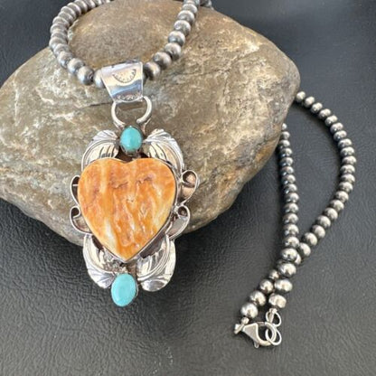 Navajo Spiny Oyster Heart Turquoise Pendant Necklace | Sterling Silver | Authentic Native American Handmade | 16456