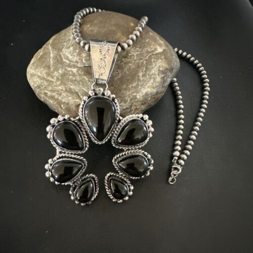 Navajo Men's Black Onyx Naja Pendant Necklace | Sterling Silver Pearls | Authentic Native American Handmade | 16808