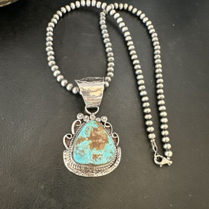 Navajo Royston Turquoise Pendant with Pearls | Sterling Silver Necklace | Authentic Native American Handmade | 17064