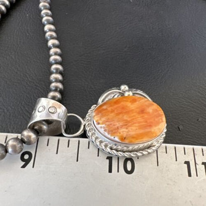 Navajo Orange Spiny Oyster Pendant Necklace | Sterling Silver Pearls | Authentic Native American Handmade | 16557