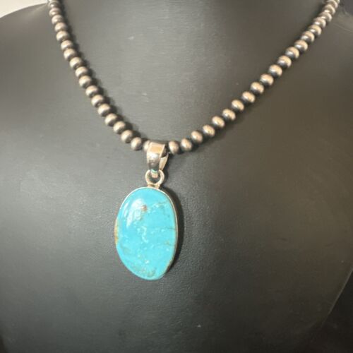 Navajo Blue Kingman Turquoise Pendant Necklace | Sterling Silver | 20" | Authentic Native American Handmade | 16692