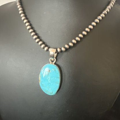 Navajo Blue Kingman Turquoise Pendant Necklace | Sterling Silver | 20" | Authentic Native American Handmade | 16692