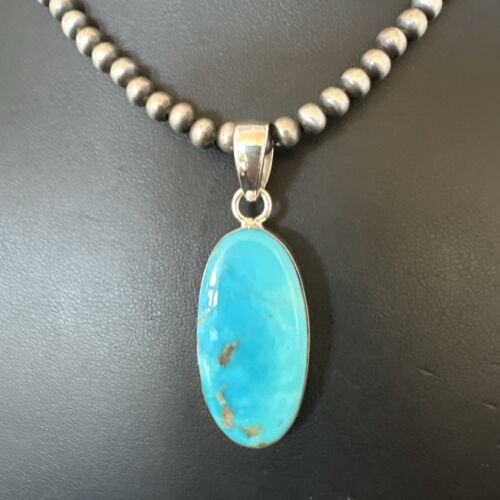 Navajo Blue Kingman Turquoise Pendant Necklace | Sterling Silver | 20" | Authentic Native American Handmade | 16992