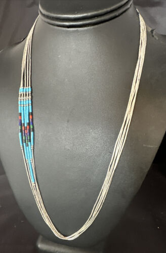 Multi-Color Liquid Silver Heishi Necklace | 5-Strand Sterling Tubes | 25" | 15137