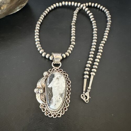 Navajo White Buffalo Turquoise Pendant Necklace | Sterling Silver | Authentic Native American Handmade | 15617