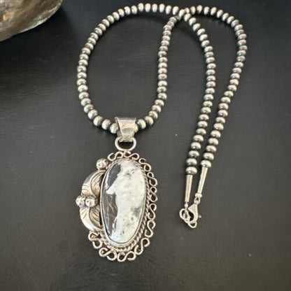 Navajo White Buffalo Turquoise Pendant Necklace | Sterling Silver | Authentic Native American Handmade | 15617