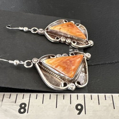 Navajo Orange Spiny Oyster Dangle Earrings | Sterling Silver | Authentic Native American Handmade | 17271
