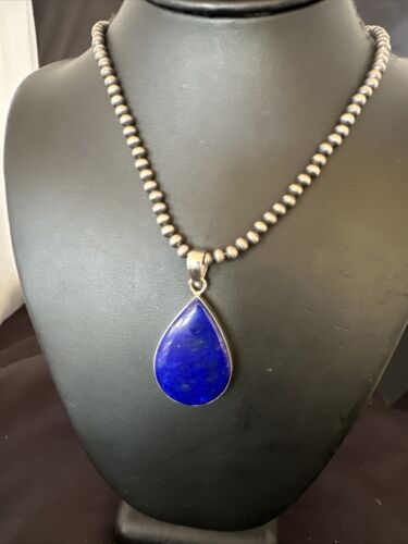 Navajo Blue Lapis Pendant with Pearls | Sterling Silver Necklace | 20" | Authentic Native American Handmade | 16669