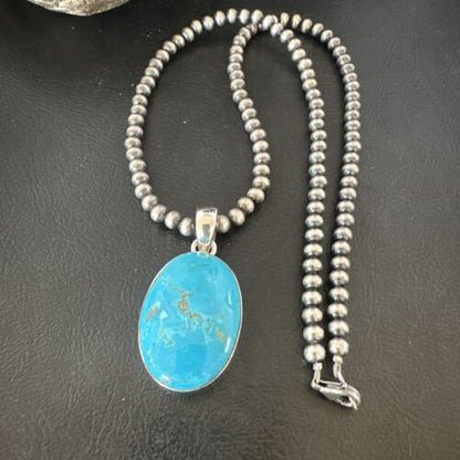 Navajo Blue Kingman Turquoise Pendant Necklace | Sterling Silver | 20" | Authentic Native American Handmade | 16687