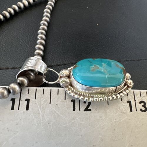 Navajo Pearls Kingman Turquoise Pendant Necklace | Sterling Silver | Authentic Native American Handmade | 17126