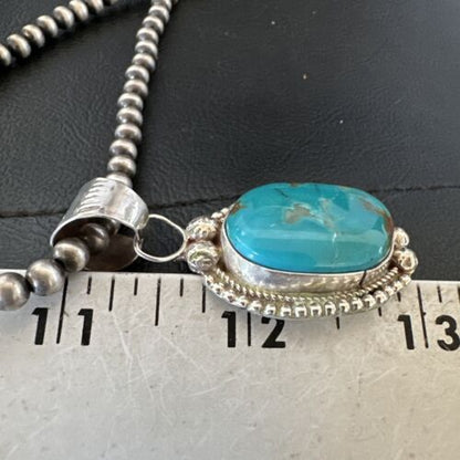 Navajo Pearls Kingman Turquoise Pendant Necklace | Sterling Silver | Authentic Native American Handmade | 17126