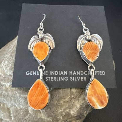 Navajo Orange Spiny Oyster Dangle Earrings | Sterling Silver | 1.5" | Authentic Native American Handmade | 16570