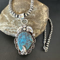 Navajo Blue Turquoise Pendant Necklace | Sterling Silver Pearls | Authentic Native American Handmade | 15643