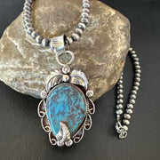 Navajo Blue Turquoise Pendant Necklace | Sterling Silver Pearls | Authentic Native American Handmade | 15643