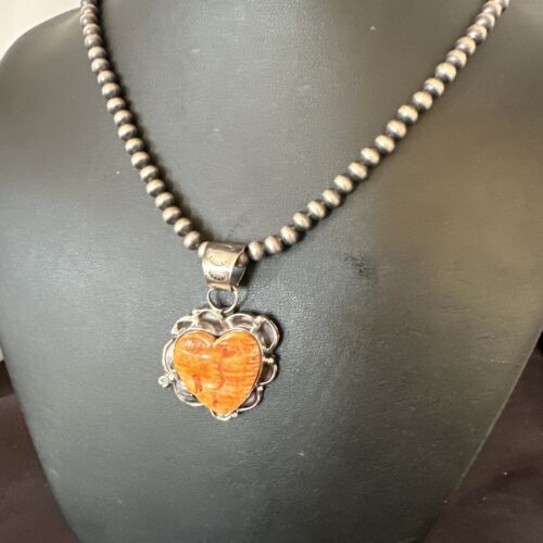 Navajo Orange Spiny Oyster Heart Pendant Necklace | Sterling Silver | Authentic Native American Handmade | 16447