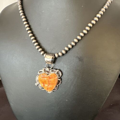 Navajo Orange Spiny Oyster Heart Pendant Necklace | Sterling Silver | Authentic Native American Handmade | 16447