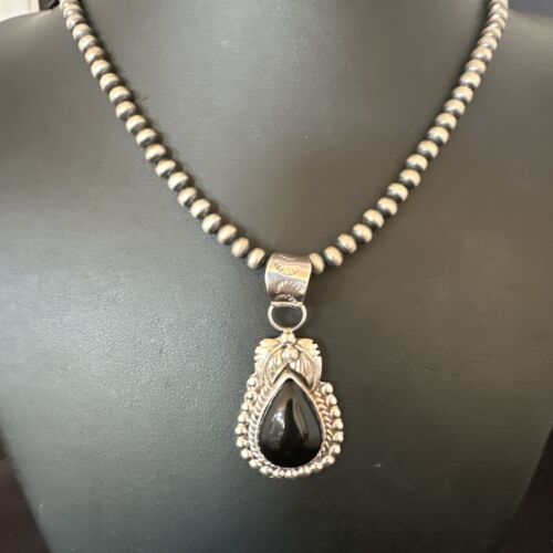 Native American Men's Pendant | Navajo Pearls | Sterling Silver Black Onyx Necklace | 16131