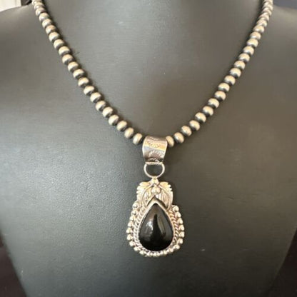 Native American Men's Pendant | Navajo Pearls | Sterling Silver Black Onyx Necklace | 16131
