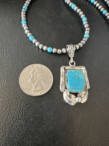 Navajo Pearls Kingman Turquoise Necklace | Sterling Silver | Authentic Native American Handmade | 14895 - Masha USA