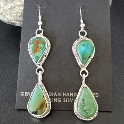 Navajo Green Royston Turquoise Dangle Earrings | Sterling Silver | Authentic Native American Handmade | 16492 - Masha USA