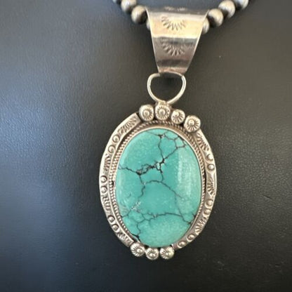 Men's Blue Spiderweb Turquoise Pendant Necklace | Navajo Sterling Silver | Authentic Native American Handmade | 17124