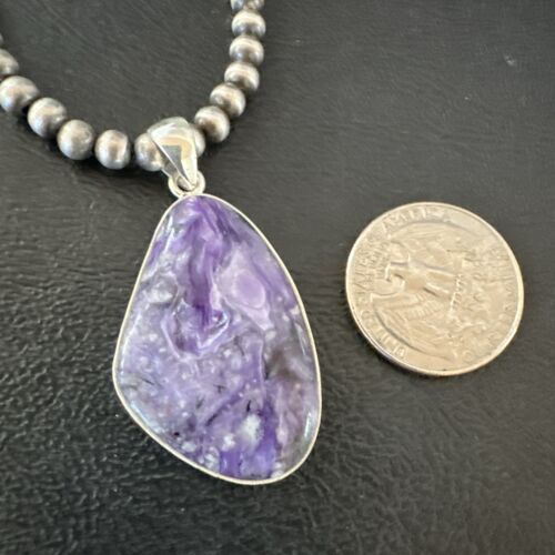 Navajo Purple Charoite Pendant with Pearls | Sterling Silver Necklace | Authentic Native American Handmade | 17312