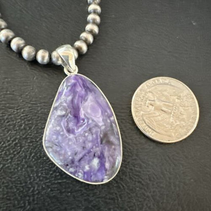 Navajo Purple Charoite Pendant with Pearls | Sterling Silver Necklace | Authentic Native American Handmade | 17312