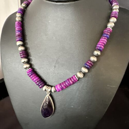 Navajo Pearls Purple Sugilite Pendant Necklace | Sterling Silver Beads | Authentic Native American Handmade | 15373