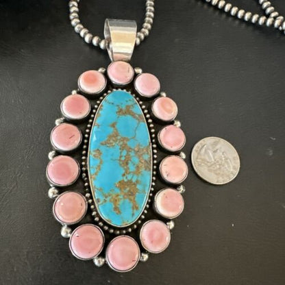 XXL Pink Conch Naja Pendant | Blue Turquoise | Navajo Sterling Silver Necklace 21" | Multi-Stone | 17426
